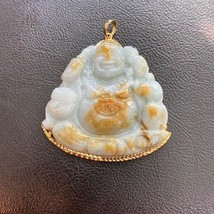 14K Gold Carved Natural Jadeite Jade Laughing Buddha Pendant Big Heavy Buddhist - £1,066.84 GBP