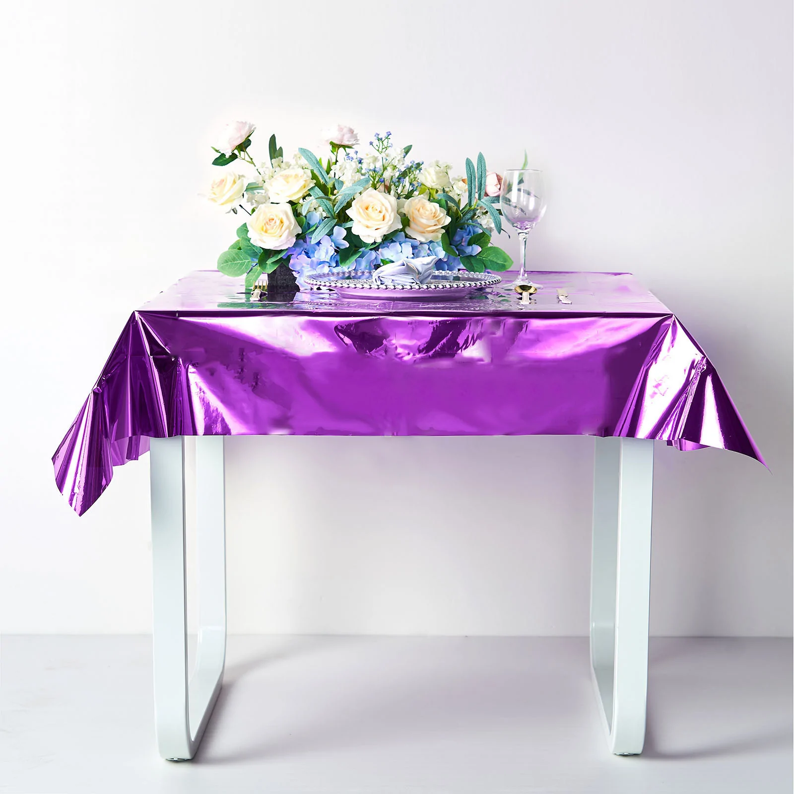 Purple - 50&quot;x50&quot; Tablecloth Metallic Foil Square Disposable Table Cover - £15.13 GBP