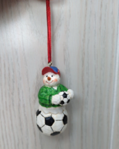 Snowman Soccer ball Christmas Tree Ornament wearing hat sweater - $9.89