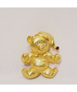 Christmas Teddy Bear Gold Tone Pin Brooch Rhinestone 1&quot; Santa Hat - £14.89 GBP