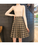 Yellow Knee Length Plaid Skirt Outfit Women Plus Size Full Pleated Plaid... - $54.58 CAD