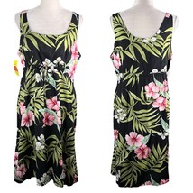 Puanani Dress XL Black Floral Hawaiian Midi Tropical Vacation New - $39.00