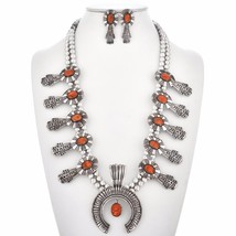 Vintage Navajo Apple Coral Squash Blossom Necklace Earrings Set c1970s - £1,518.82 GBP