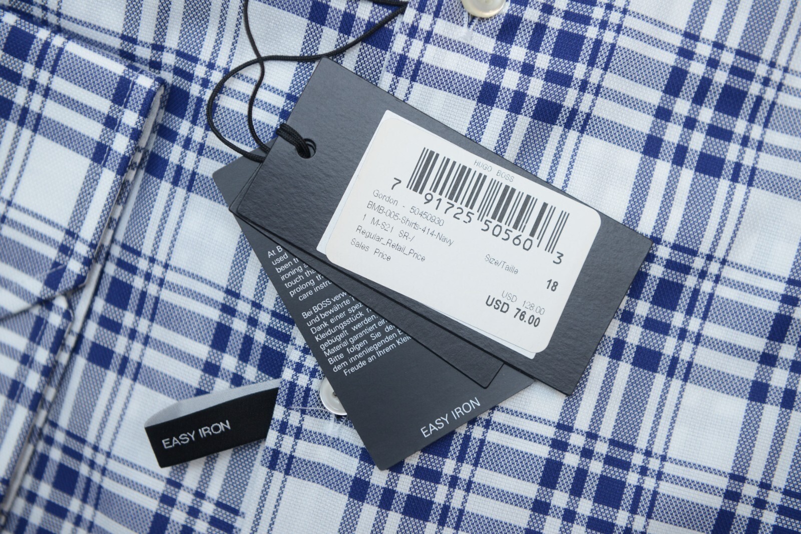 HUGO BOSS Herren Gordon Easy Iron Regular Fit Blau Kariert Baumwollkleid Hemd 37 Item image 6