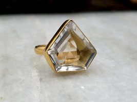 925 Sterling silver Gold plated Clear Crystal Quartz Handmade Ring for Women - £65.67 GBP