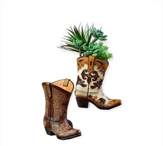 Cowboy Boot Vases Set 2 Rustic 6.6" High Brown Cream Resin Country Western Decor