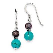 Fw Black Pearl And Turquoise Dangle Earrings Real Solid .925 Sterling Silver - £25.32 GBP