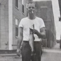 Man with Fish White T-Shirt Smoking Old Original Photo BW Vintage Photograph - £7.85 GBP