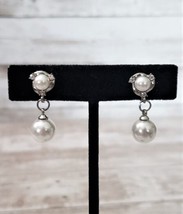 Vintage Clip On Earrings Stunning Faux Pearl Dangle with Clear Gem Detail - $14.99