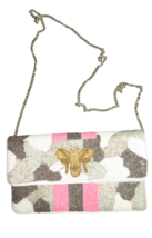 NEW Queen Bee Seed Bead Pink Gray White Tan Clutch Shoulder Bag Snap Close - £51.36 GBP