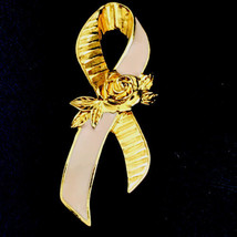 Pink Ribbon Breast Cancer Aware Vintage Metal Pin Enamel Gold Tone Brooch Avon - £10.28 GBP