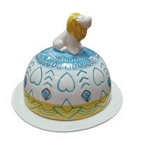 Anthropologie Lion Butter Dish Topped Dome-Lid Round  Keeper Ceramic Blue Yellow - £18.74 GBP