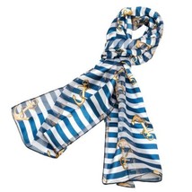 Blue and White Stripe with Gold Anchor Pattern Silk Feel Scarf - £11.64 GBP