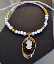 Statement necklace, Cameo Necklace, Gold, Pearl, Victorian, Edwardian, 488 - $19.99