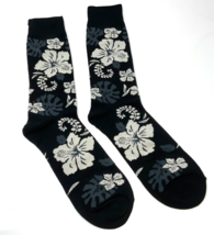BLACK HIBISCUS HAWAIIAN FLOWER ALL OVER PRINT  FLORAL MENS CREW SOCKS TU... - $13.10 CAD
