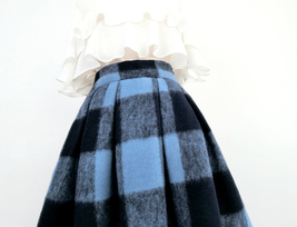 Winter Blue Plaid Midi Skirt Outfit Women Plus Size Woolen Midi Party Skirt image 3