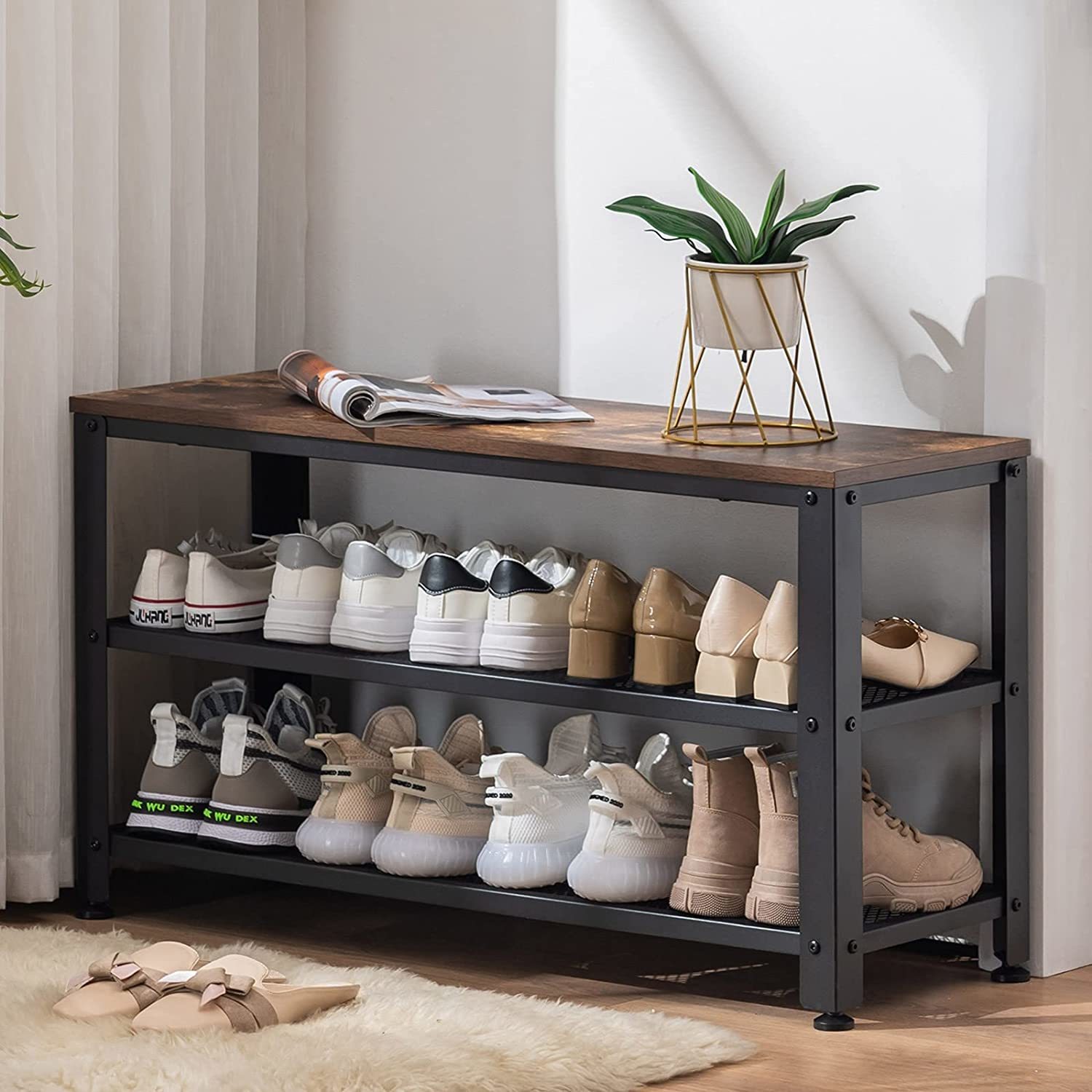 APICIZON Shoe Bench, 3-Tier 35.5 Inches Shoe Rack for Entryway with Long Seat - $90.99