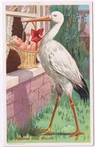 Postcard Bird Stork &amp; Baby In Basket A Gift From Heaven - £3.98 GBP