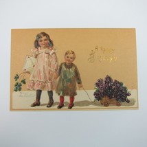Postcard Birthday Greeting Antique Boy &amp; Girl Purple Pansy Flowers Clover &amp; Card - £7.97 GBP