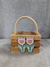 Vintage Small Woven Basket Planter With Wood Handle 6&quot;  Tall - £9.43 GBP