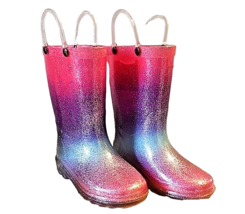 Size 9 Western Chief Girls Rainbow Rain Boot Glitter Pull On Handles - £16.90 GBP