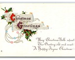 Christmas Greetings Holly Ribbon Embossed UNP DB Postcard Y9 - $2.92