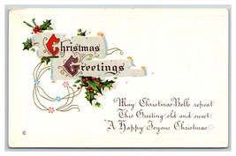 Christmas Greetings Holly Ribbon Embossed UNP DB Postcard Y9 - £2.29 GBP