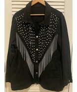 Black Denim Jacket Womens Size 2XL Hand Studded Rivet Tassel Chain - $49.22 CAD