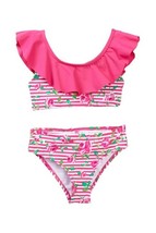 Betsey Johnson Girls Swimwear Ruffle 2-Piece Swimsuit Stripe Pink Multi ( 4 ) - £46.84 GBP