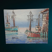 2 Fishing Boats Oil Painting Harbor Signed Artist Florence 8x10 Unframed Scarce - £36.90 GBP