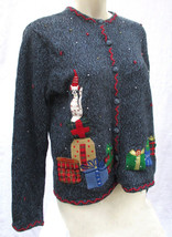 Keren Hart Santa Cat Christmas Sweater Quilted Appliques Beads Womens Size Large - £15.25 GBP