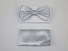 Men&#39;s Bow Tie and Hankie by J.Valintin Collection #92489 Solid Satin Silver - $19.99