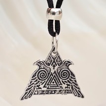 Raven Necklace Pendant Odin Horns Huginn Muninn Ravens Valknut Bead Cord Jewelry - £5.74 GBP