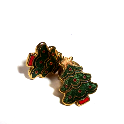 2 Hallmark Christmas Tree Enameled Pinbacks 1983 Green with Red Accents - $14.00
