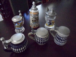 Collection of 6 mini steins, 3 pottery glaze and 3 glass LOT - $122.75