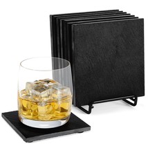 8 Piece Set Of Square Black Slate Coasters Set With Holder, 4 X 4 In - £34.61 GBP