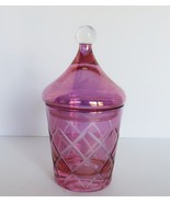 Vintage purple rainbow art glass lidded 6&quot; jar with hatch mark design - $29.99