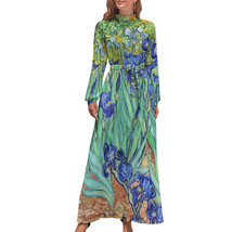 Woman Van Gogh Irises Long Sleeve High Neck Long Dress (Size XS to XL) - $36.00