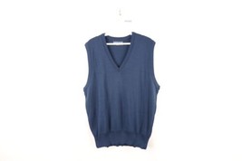 Vintage 70s Streetwear Mens Medium Blank Knit V-Neck Sweater Vest Navy Blue USA - £39.43 GBP
