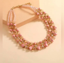 Boho Chic Pink Stone and Crystal Beaded Necklace - Statement Jewelry Piece ! - £7.19 GBP