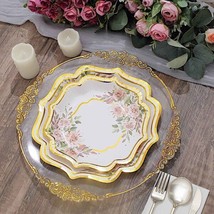 25 White Floral Paper Salad Dinner Plates Gold Scallop Rim Party Events - £11.01 GBP