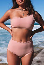 Pink High Waist Scalloped Trim One Shoulder Bikini - £16.02 GBP+