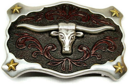 Beautiful Longhorn Steer Belt Buckle Leather Inlay Silver Tone Gold Tone... - £32.71 GBP