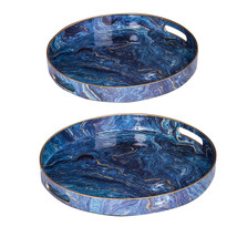 Modern Chic Marbled Blue color Round Tray Set Of 2 - £47.77 GBP