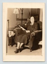 Middle Aged Woman Sitting in Chair Posing Picture Photo Snapshot Written Vintage - £13.15 GBP