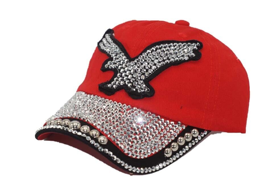 Red - Eagle Baseball Cap Wash Dad Sparkle Cap Design Adjustable Strap Unisex