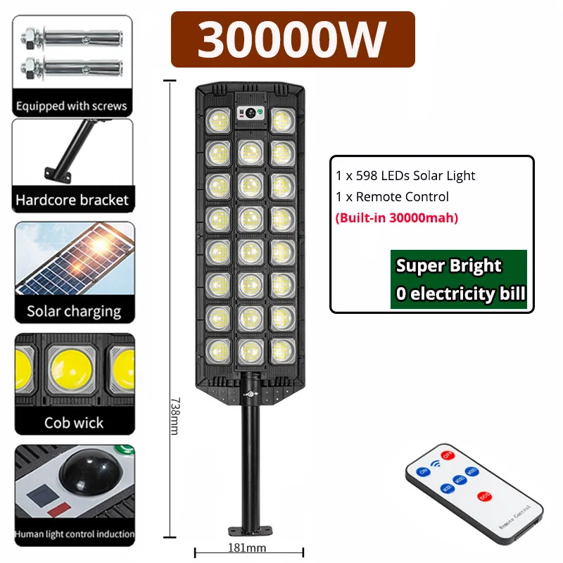 30000W LED Solar Street Light Outdoor Solar Lamp Powered light Waterproof PIR Mo - £167.73 GBP