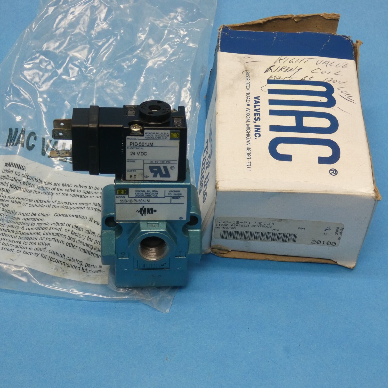 Mac 55B-12-PI-501JM Single Solenoid 3/2 Valve N.C. 24 VDC New - $199.99