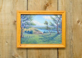 Original oil on canvas 19&quot;x14&quot; riverside pasture landscape painting with wood fr - £299.75 GBP
