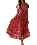Maxi Dress Red Wrap V Neck Short Sleeve Front Split Summer Floral Belted... - $397.64 MXN